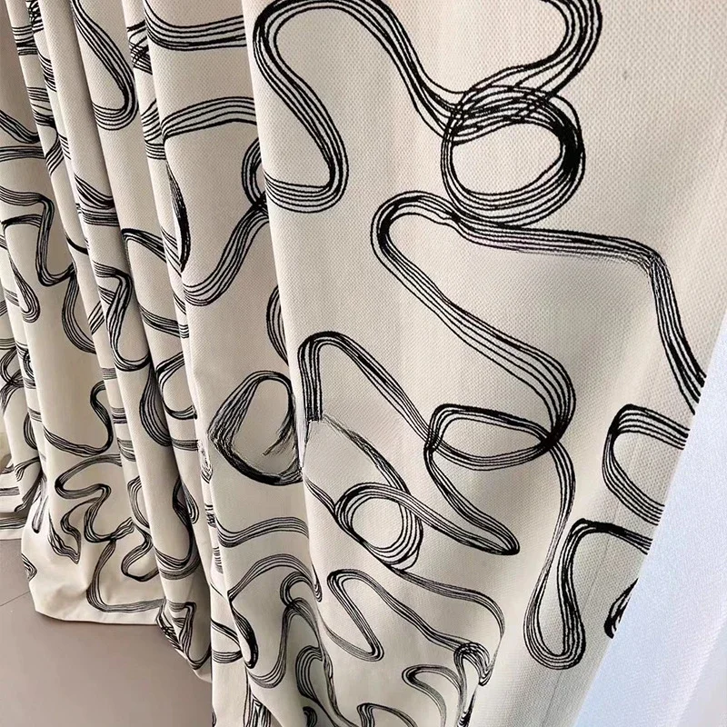 Nordic Modern Velvet Abstract Line Printing Curtains Semi Shading Curtains for Living Room Bedroom Dining Room High-end Luxury