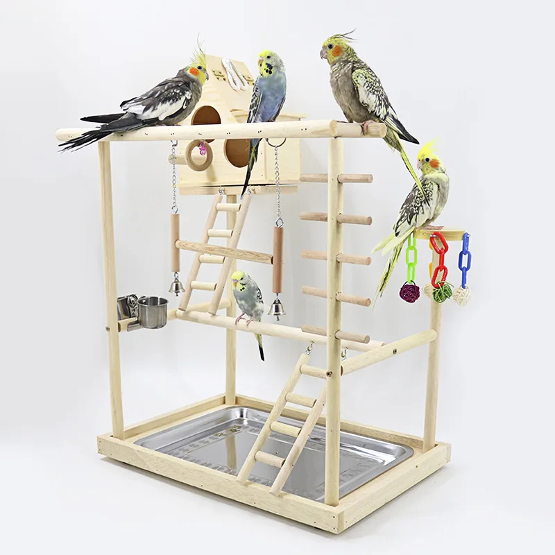 Parrot solid wood game stand with bird house Parrot stand stand perch ladder toy bird swing playground W139