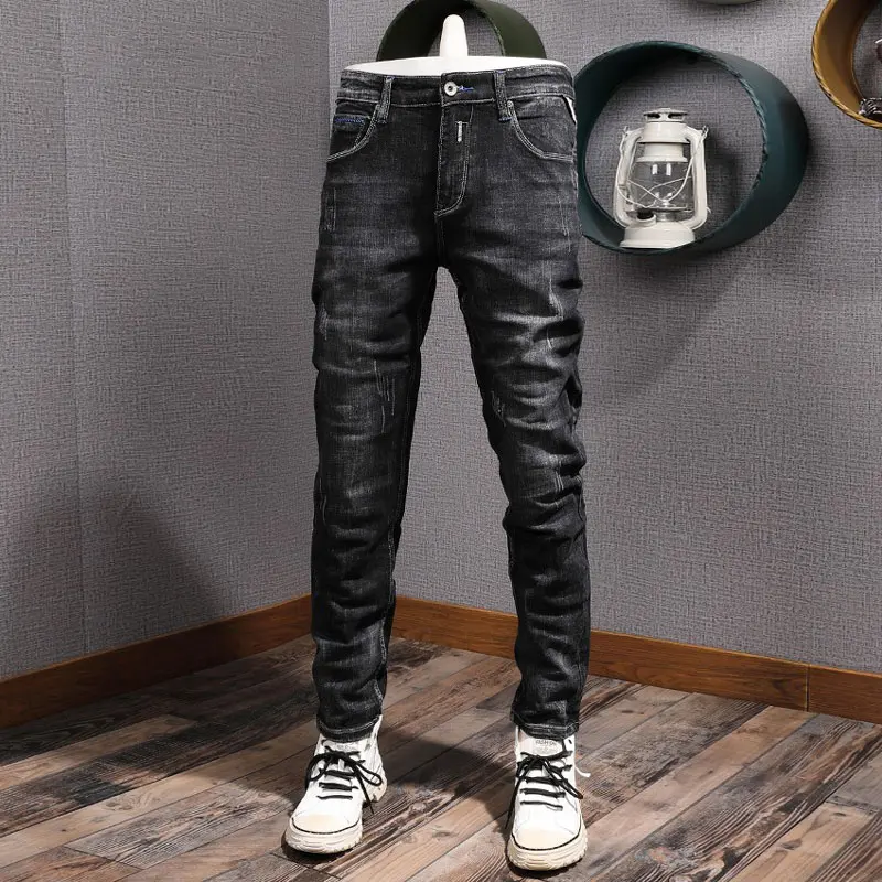 Italian Style Fashion Men Jeans Retro Black Gray Stretch Slim Fit Vintage Jeans Men Embroidery Designer Denim Pants Hombre