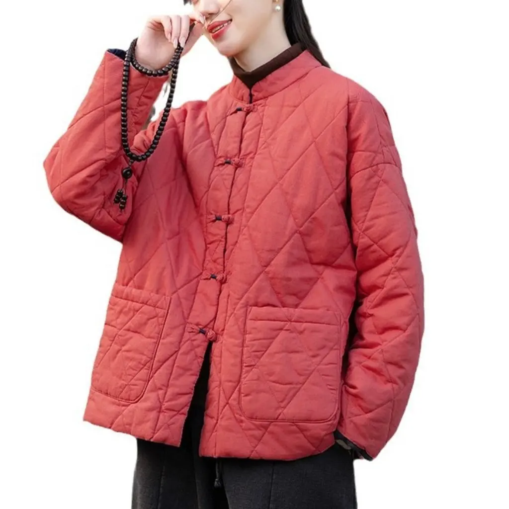 Dames retro opstaande kraag ruit geruite katoenen jas losse pasvorm gewatteerd warm kort katoen linnen mix winter bovenkleding