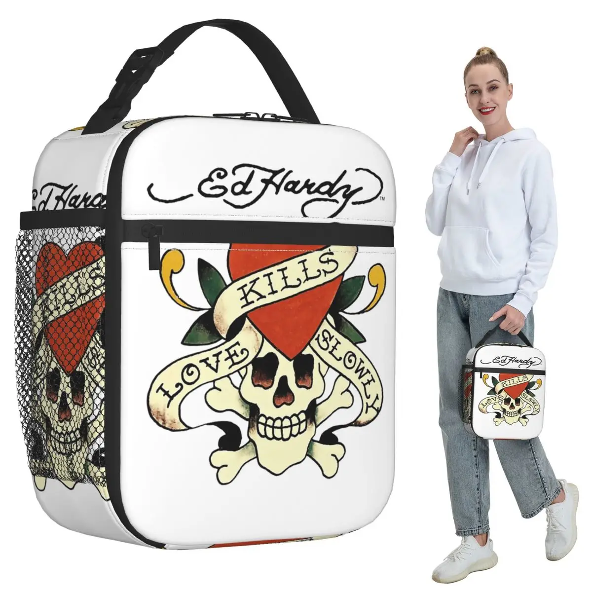 Ed Hardy Love Kills Slowly - Bolsa térmica para el almuerzo para niños, lonchera térmica para la escuela, caja térmica para alimentos, contenedor portátil para loncheras