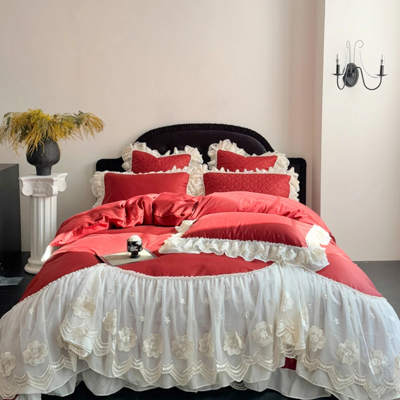 

Red Princess Lace Style Cotton Bedding Set, Duvet Cover, Linen Fitted Sheet, Pillowcases, Home Textile