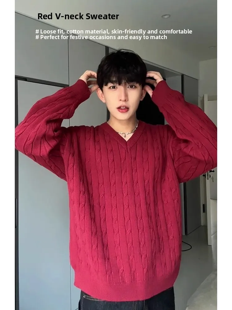 

Мужской вязаный свитер Ankela Red с V-образным вырезом, в корейском стиле, свободного кроя, дышащий, для весны и осени, новинка к Новому году