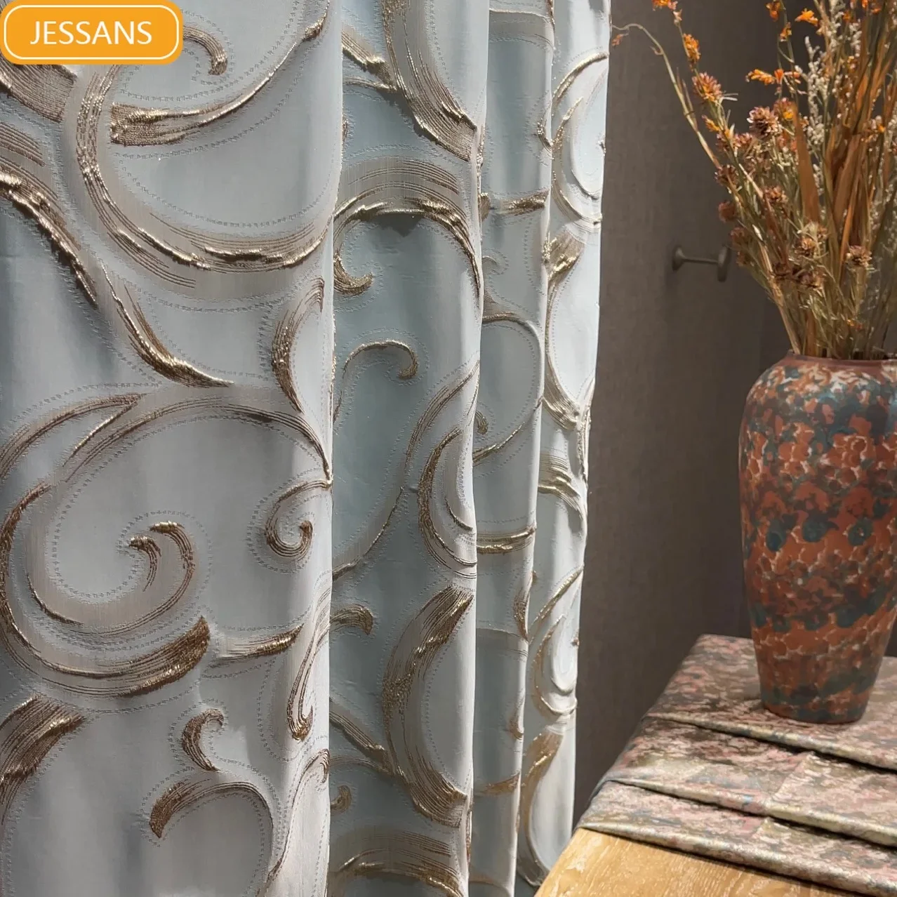 Embossed Light Luxury Gray Bronzing Jacquard Thickening Blackout Curtains for Living Room Bedroom Finished Product Customization