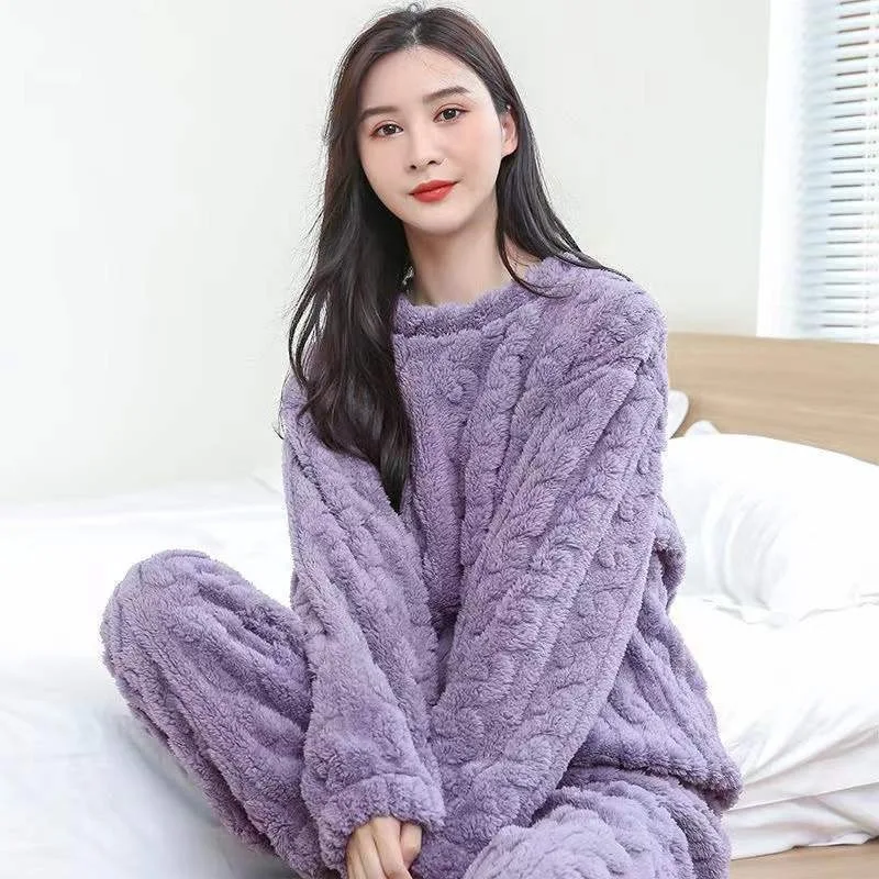 2024 Women Casual Pajama Sets Autumn Winter Women Solid Warm 2 Piece Sets  Thicken Velvet Ribbed Fleece Set