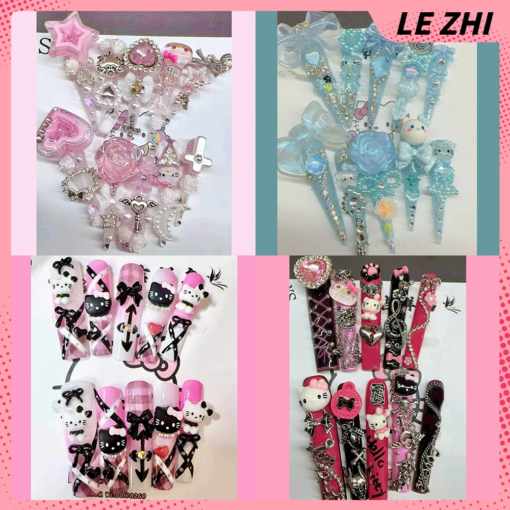

Y2K Spicy Girl Sanrio Hello Kitty Long Coffin Tip Press On Nails Diamond Pearl Bowknot Heavy Metal All Saints' Day Fake Nails