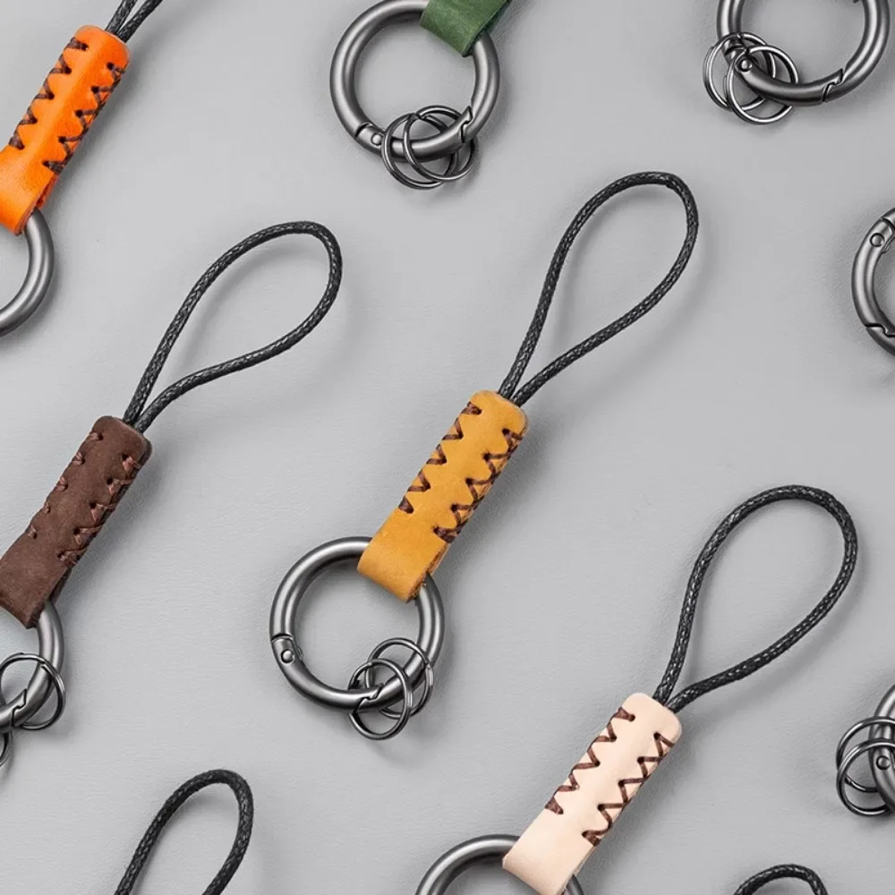 Handmade Cowhide Leather Key Chains for Men Women Car Keychain Lanyard Cotton Rope Strap Metal Keyring Gift Trendy Key Holder