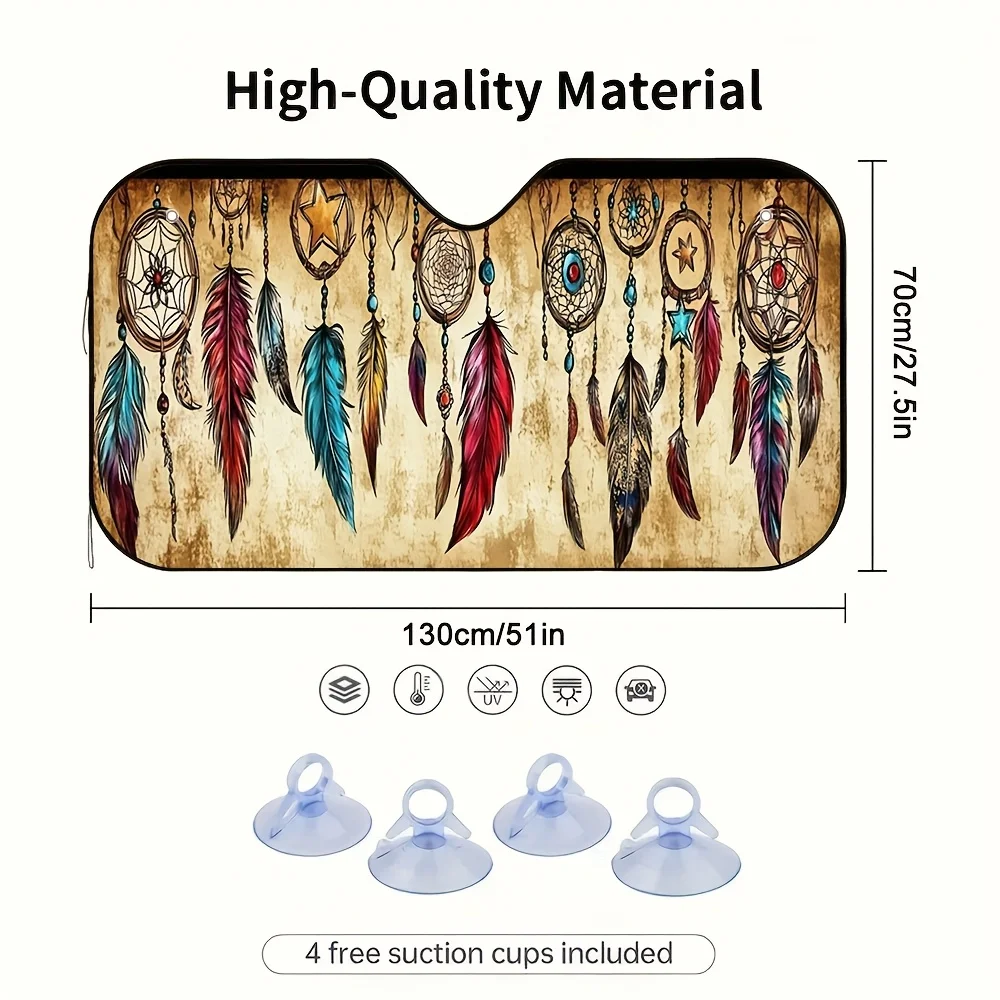 1pc 2D Flat Dream Catcher Feather Decoration Design Car Sunshade – Stylish & Efficient, Includes 4 Suction Cups, Foldable For Co
