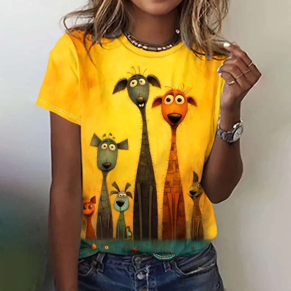 Desenhos animados 3D feminino com estampa Animal Camisetas, casual Streetwear solto, mangas curtas T-shirt, tops roupas femininas engraçadas,