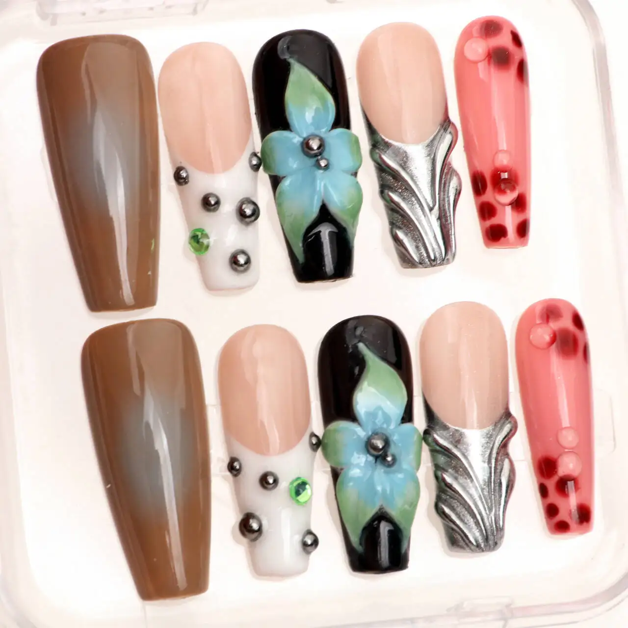 10Pcs 3D Manicure Press On Nails,handmade Long Coffin nails,New Cut Flowers Press On Nails Design with Adhesive Nail File Set