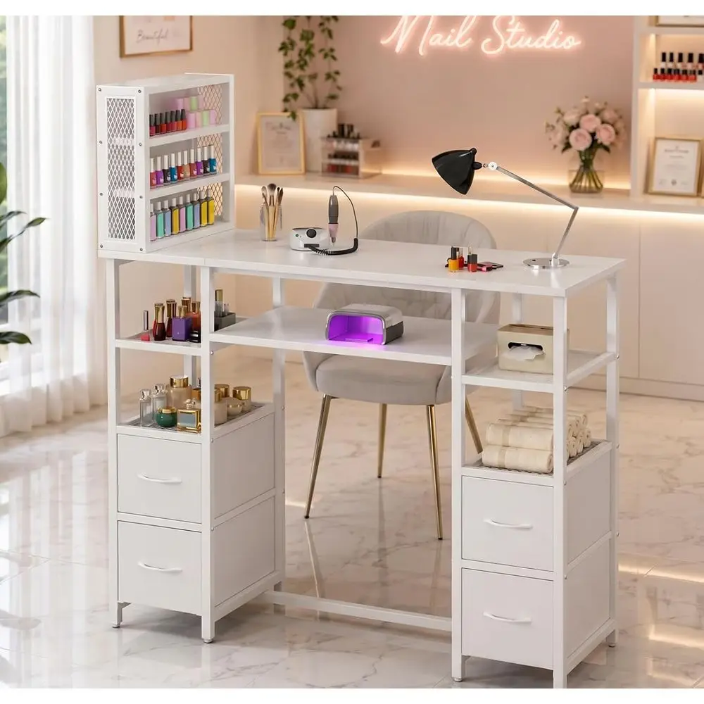 Double-Sided Manicure Station with Storage, 4 Drawers, and Open Shelves, White