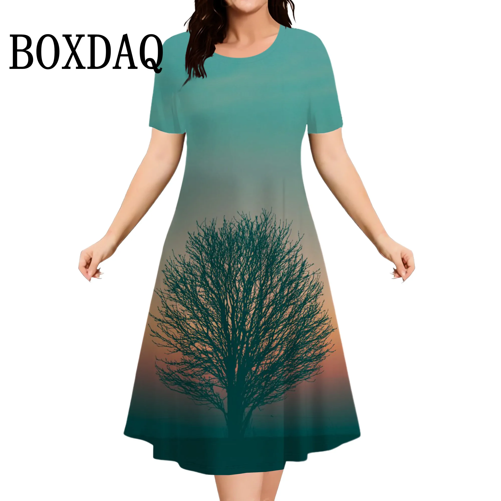 

Summer Boho Vacation Dress For Women 2025 Vintage 3D Tree Print Casual Short Sleeve Loose Dress Holiday Beach Dresses Plus Size