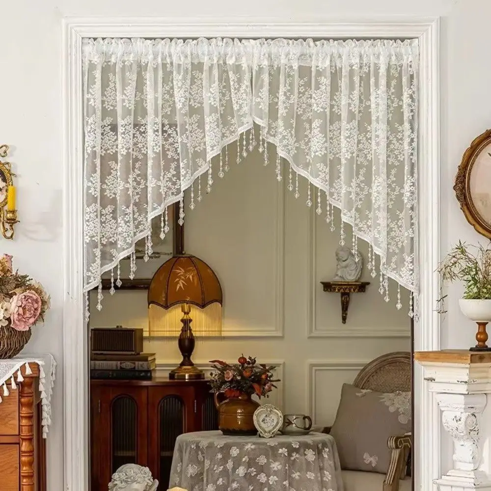 French Style Half Curtain Romantic Vintage Flower Tulle Kitchen Curtain With Beaded White Kitchen Partition Tulle Balcony