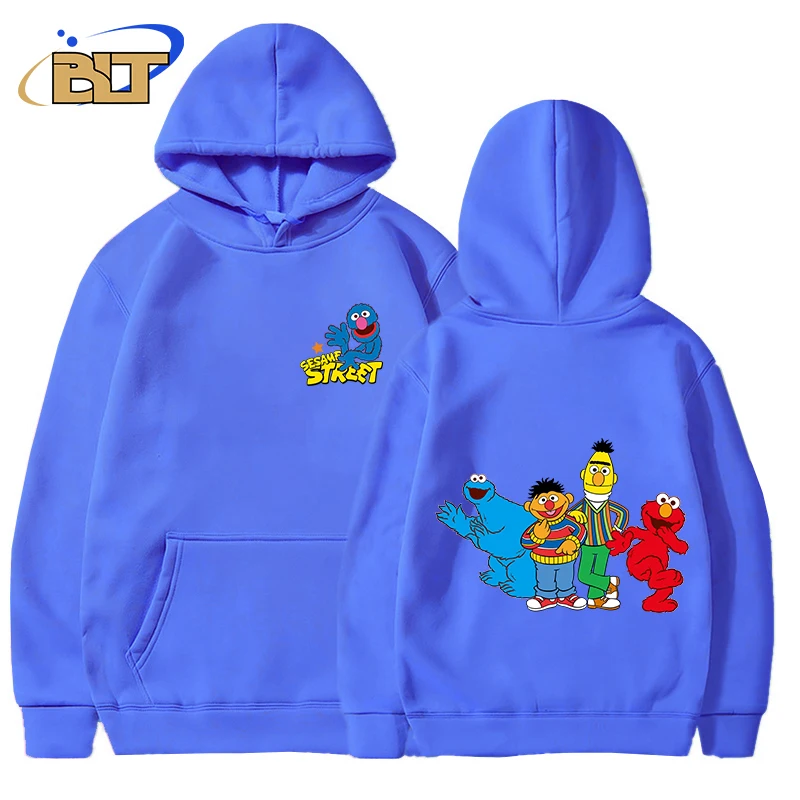 Sesame Street Printed Men\'s Autumn and Winter Hoodie Plus Fleece Sports Sweatshirt Blue Loose Top