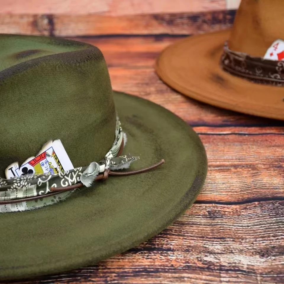 Vintage personalized felt hat with cloth strips made by hand imitation charred