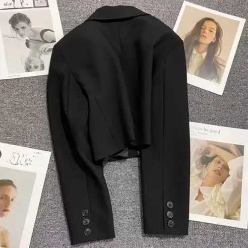Black Cropped Blazers Woman Trend 2025 New All-match Notched Collar Crop Jacket Women Korean Chic Single Button Suit Coat - Image 3