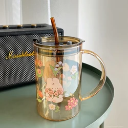Cute Bunny Glass Cup With Lid Straw Kawaii Coffee Mugs Big Milk Beer Wine Drinking Glasses Korean Water Juice Cup Drinkware Gift