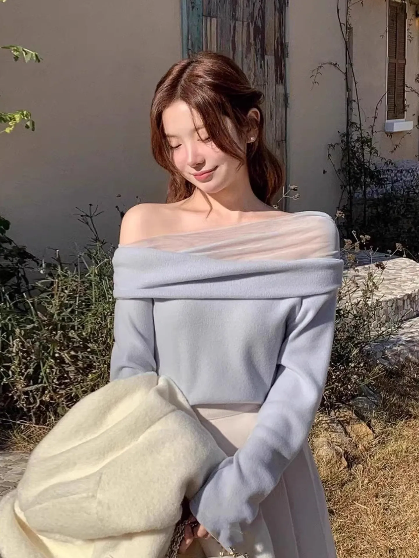 

Clothland Women Sweet Off Shoulder Blouse Mesh Spliced Long Sleeve Shirt Female Cute Slash Neck Tops Blusa LB408