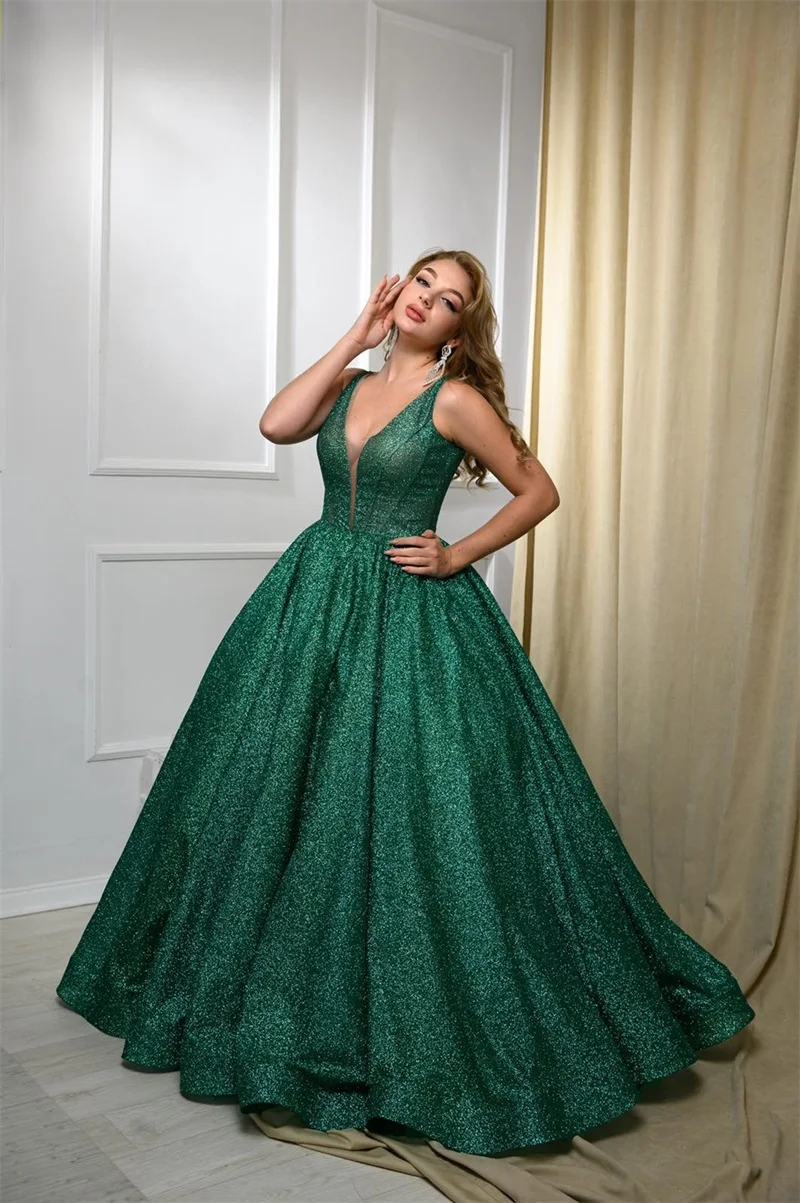 Glitter Sequins Ball Gown Prom Dress V Neck mangas Elegante Luxo Evening Party Vestido Custom Made Host Robes De Mariée