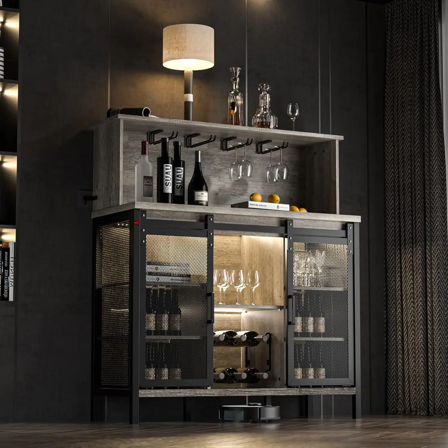 QNICE LED Industrial Wine Bar Cabinet for Liquor and Glasses/Sliding Barn Door Coffee Bar Cabinet with Light/Farmhouse Sideboard