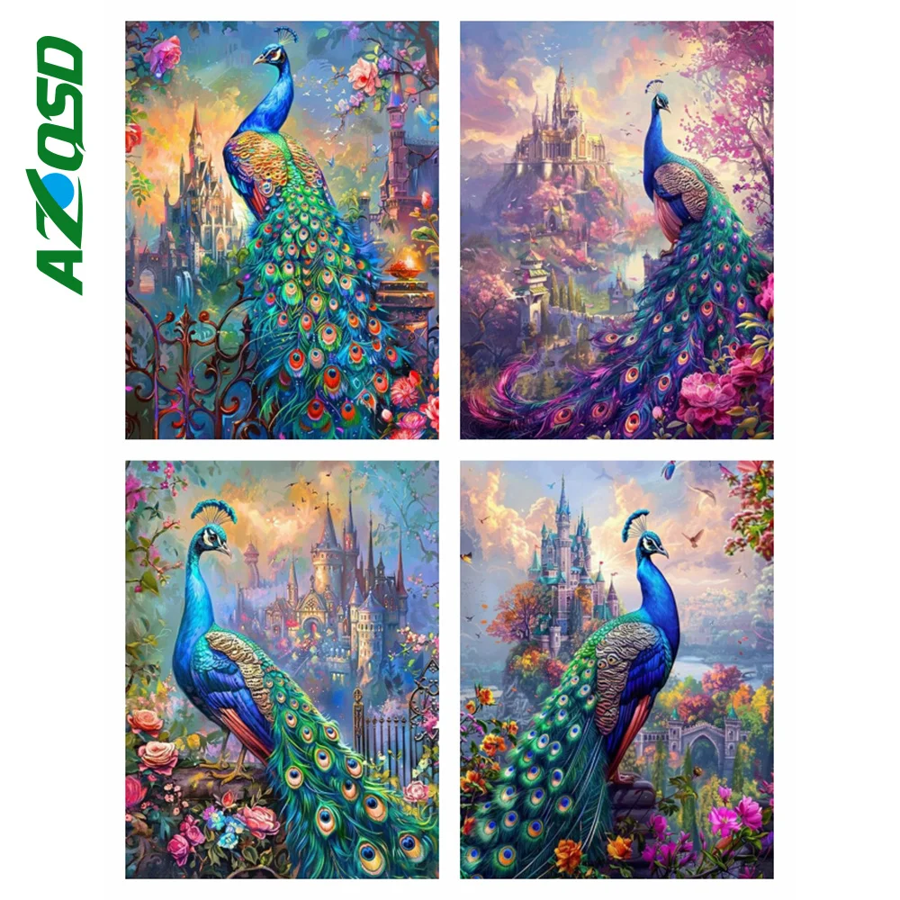 AZQSD 5d Diamond Painting Full New Peacock Animal Cross Stitch Mosaic Needlework Diamond Embroidery Castle Landscape Home Decor