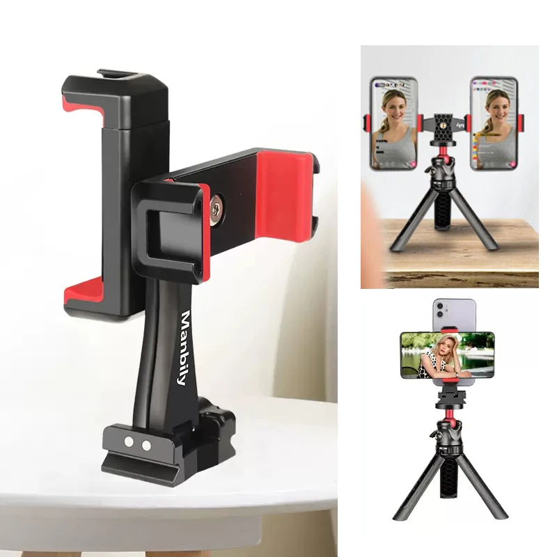 360° Rotatable Dual Cell Phone Holder Clip Clamp 4 Cold Shoe, 1/4\'\' Screw Tripod Monopod Selfie Stick Vlog Live Streaming Video