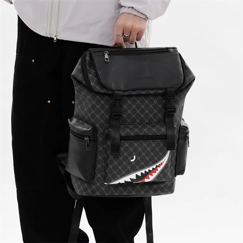New Stylish Youth Street Backpacks Gothic Shark Pattern Men's Backpacks Large Capacity Plaid Teenage Student School Backpack