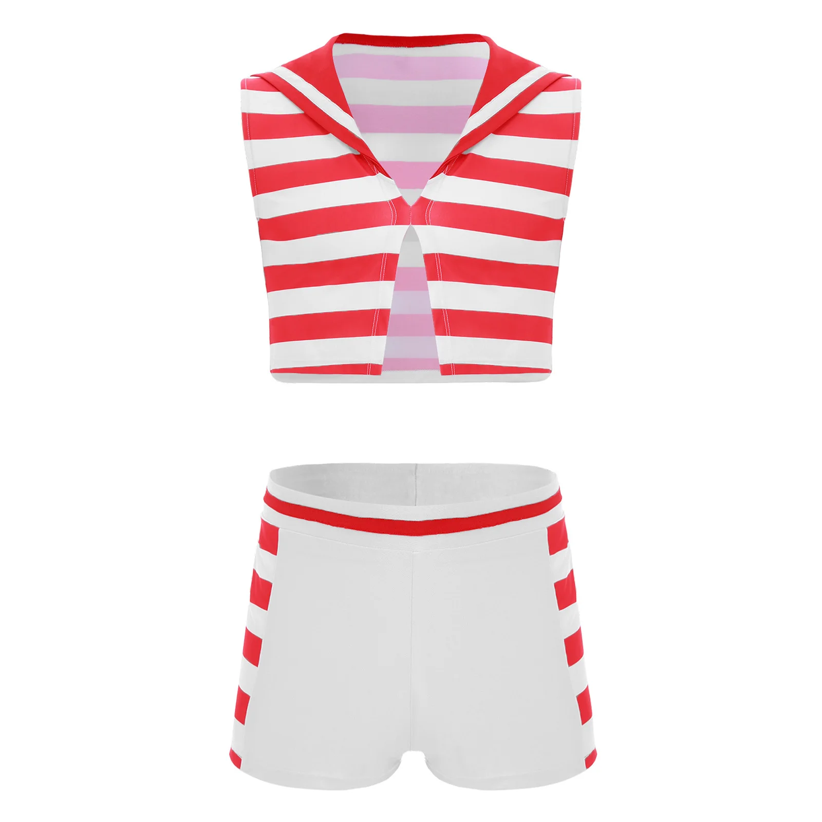 

Mens Nautical Sailor Sexy Cosplay Striped Outfits Sailor Halloween Costume V Neck Sleeveless Crop Tank Top with Boxer Shorts