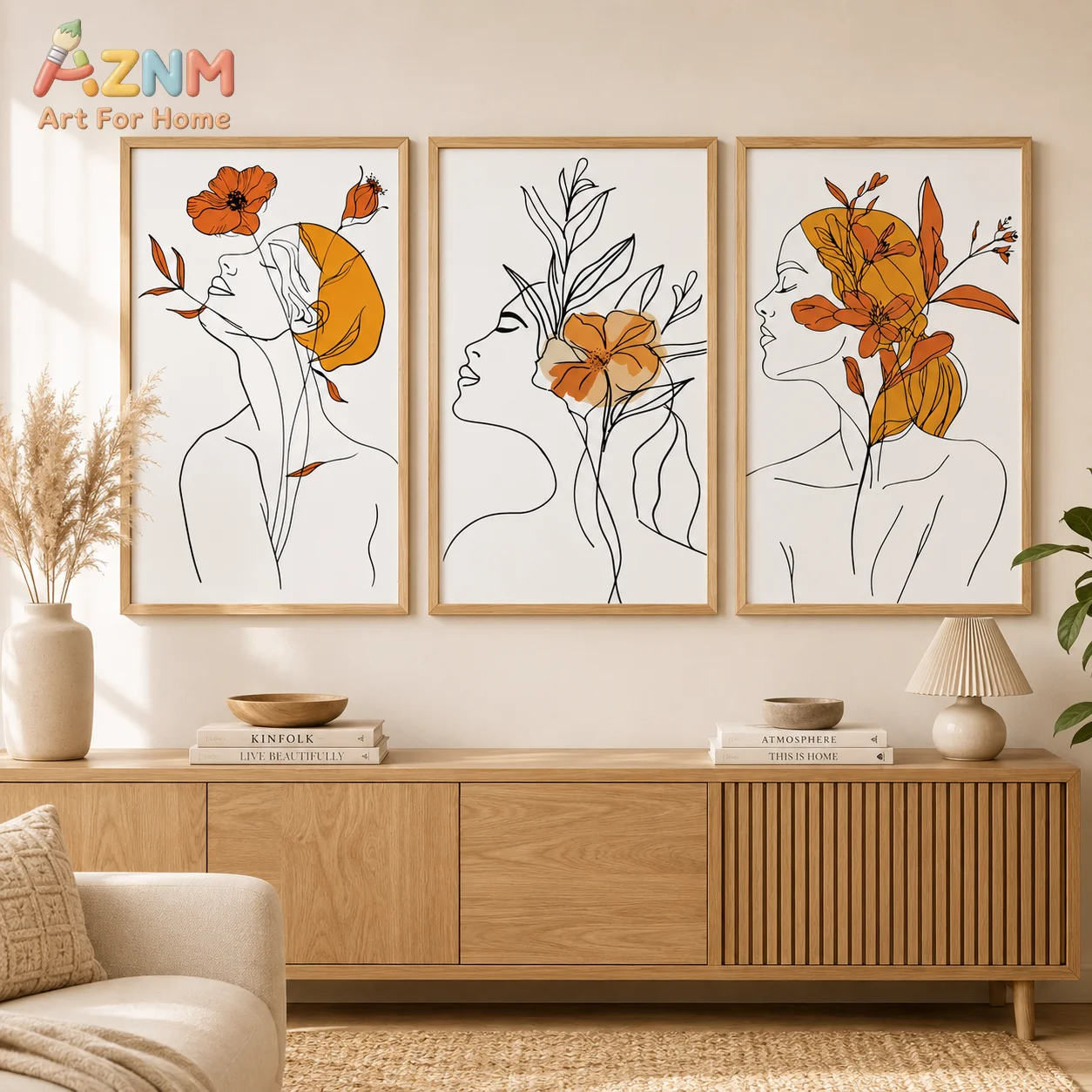 AZNM Unframed Canvas Print Minimalist Woman Line Art Wall Art Orange Floral Abstract Home Decor Poster