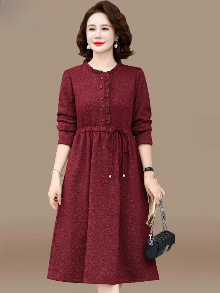 

Faionable Wedding Dr Midi Skirt for Mom Mid-Aged Women Winter Warm Fce-lined Wedding Gown Belted Loose Fit round Ne