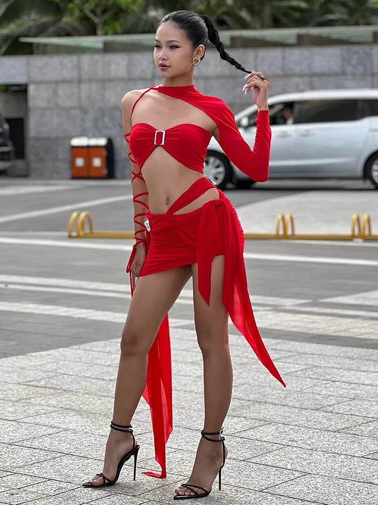 

Sisterlinda Sexy Irregular Bandage 3-Piece Set Women Chest Wrapped+Chic Sleeve+Lace-Up Skirt Matching Hottie Christmas Outfits