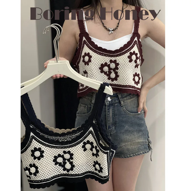 Boring Honey Hollow Out Assorted Colors Crop TopRound Collar Flower Embroidery Clothes For Women  All-Match Short Thin Tops Wome