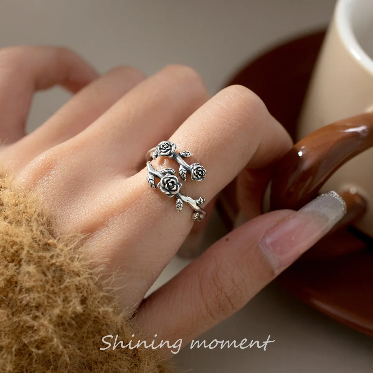 925 Sterling Silver Roses Branch ​Adjustable Rings For Women Engagement Wedding Female Luxury Jewelry Accessories Jewellery