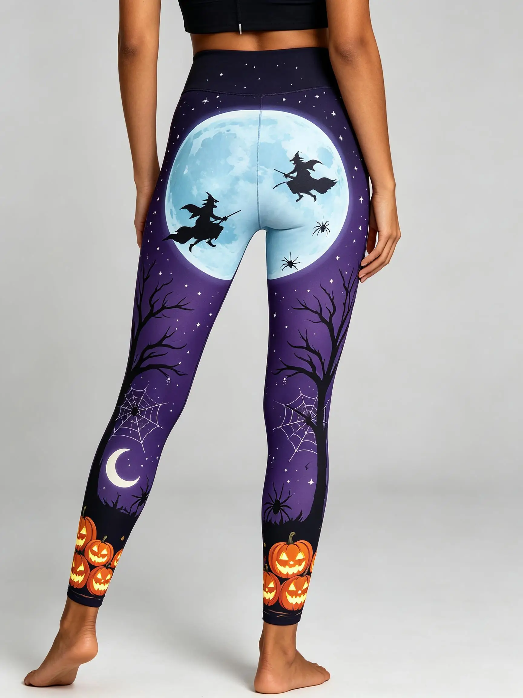 Women Fleece‑lined Mid‑rise Leggings Pastel Halloween Witch Moon Bat Bare Tree Pumpkin Print Slim Stretch Casual Pants