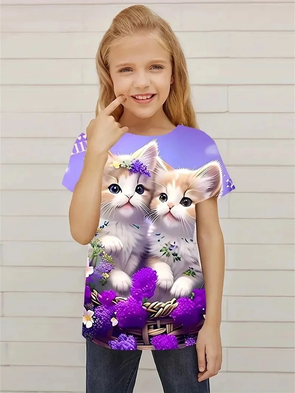 

Girl's T-Shirt Cute Cat Pattern Summer Short Sleeves Fashion Round Neck Kids Tops Outdoor Casual Lightweight Children's Clothing