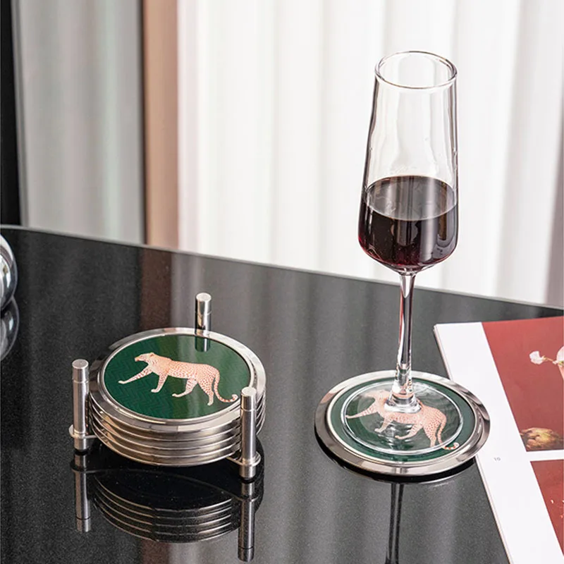 Stainless Steel Coaster Tea Cup Table Mats Acrylic, Heat Insulation. Leopard Round Shape with Mild Steel Shelf Bracket