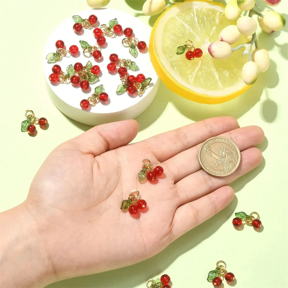 10 قطعة/الحزمة الزجاج ثلاثية الأبعاد الكرز الأحمر الاكريليك سحر الفاكهة المعلقات DIY بها بنفسك أقراط القلائد سلاسل المفاتيح صنع المجوهرات اكسسوارات ﻿