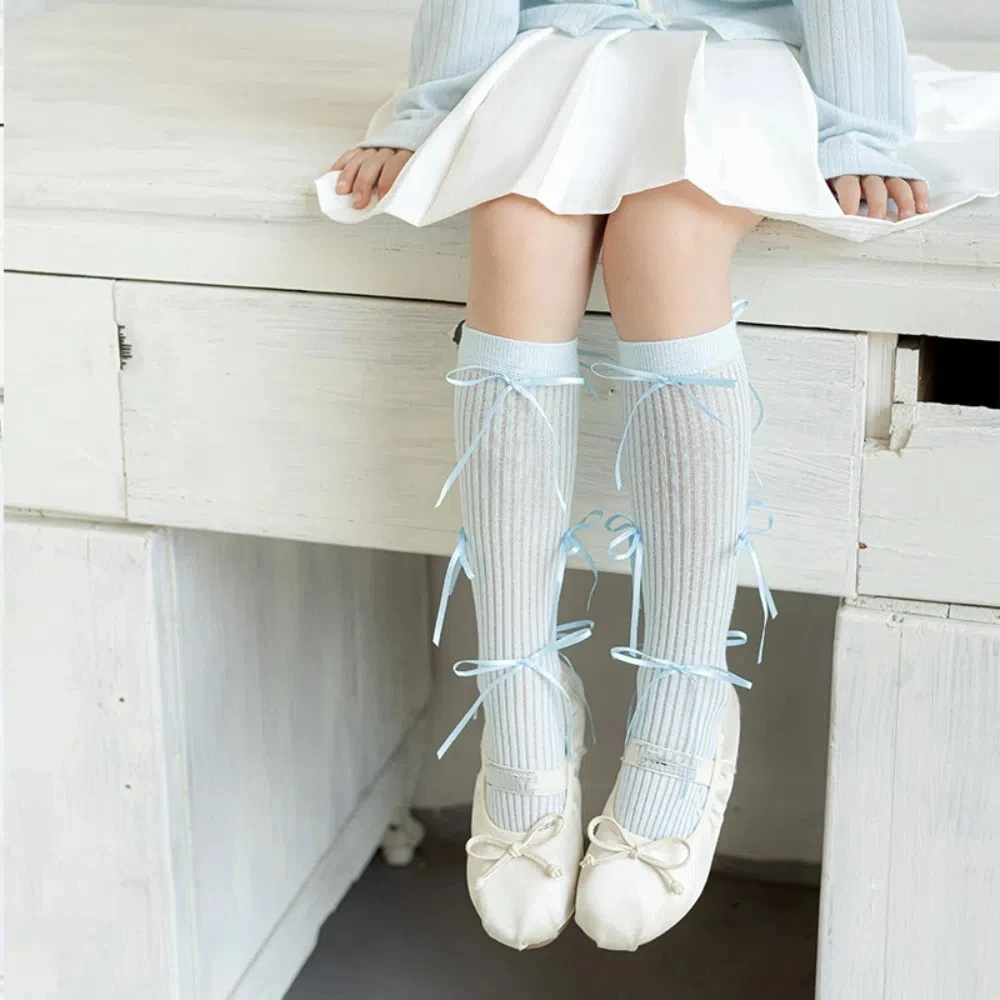 

Sweet Solid Color Balletcore Socks Korean Style Autumn&Winter Mid-Tube Hosiery Cloth Accessories Ribbon Bow Thin Stockings Women