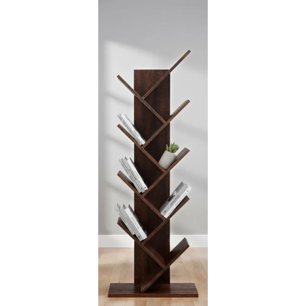 

9-Tier Corner Bookshelf, Space-Saving Tree Design, Holds Books CDs Games, for Living Room Bedroom Office, Walnut