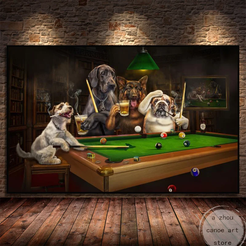 Funny Style Bulldog Dogs Playing Billiard Smoking Cigar Art Poster Canvas Painting Wall Prints Picture Living Room Home Decor