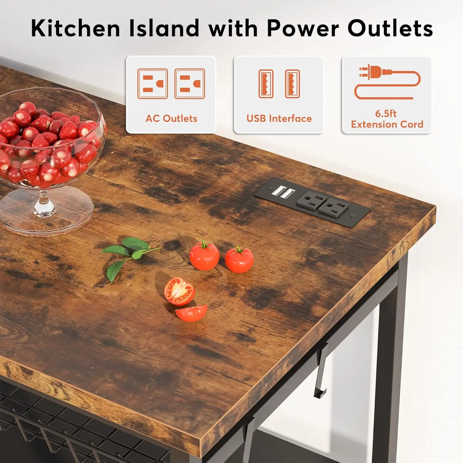 Kitchen Island with Storage, Industrial Island Table with Power Outlets and Wire Baskets, 3 Tier Microwave Oven Stand