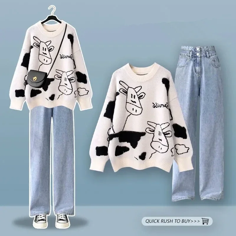 Women Autumn Winter Cute Cartoon Knit Tops Black Pants 1 or Two Piece Set Korean New Student Casual Loose Sweater Trousers Suits