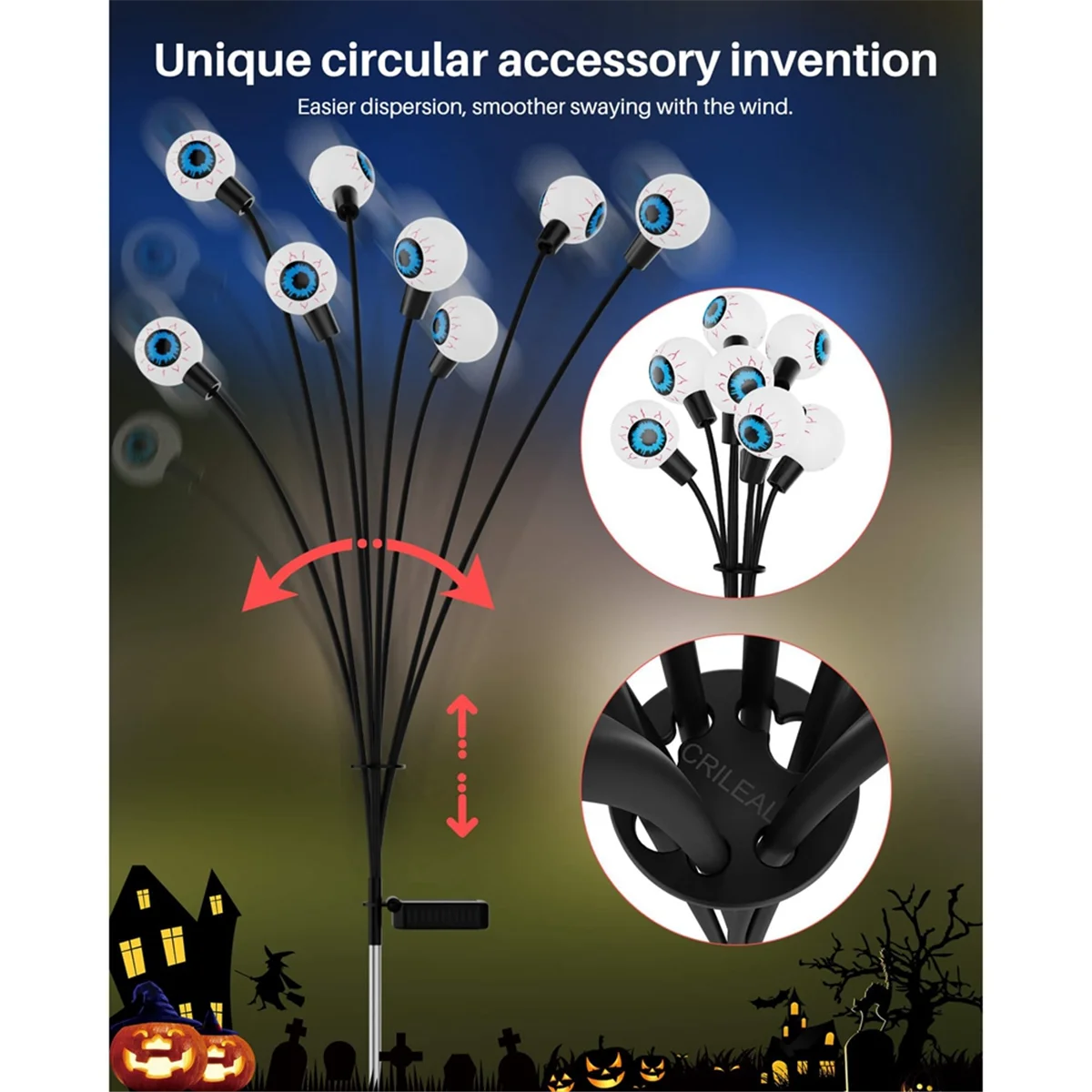 Scary Eyeball Solar Yard Lights,16LED Swaying Solar Garden Decor Waterproof,For Yard/Lawn/Driveway,2Pcs,Red