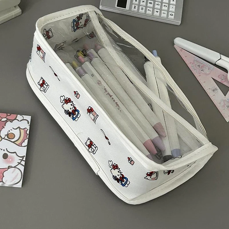 Cartoon Sanrio Translucent Pencil Case Cute Hello Kitty Large Capacity Storage Bag Stationery Supplies Pouch Cosmetic Bags Gifts