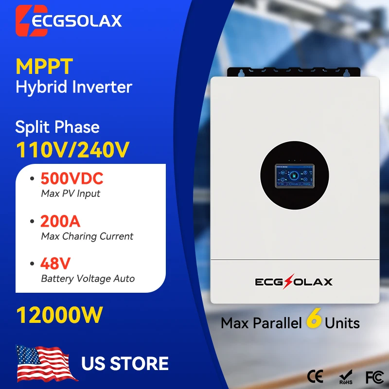 

ECGSOLAX 12KW Hybrid Solar Inverter 48V Split Phase 120V/240V Pure Sine Wave Inverter With MPPT 200A Solar Charger Bulit in WIF