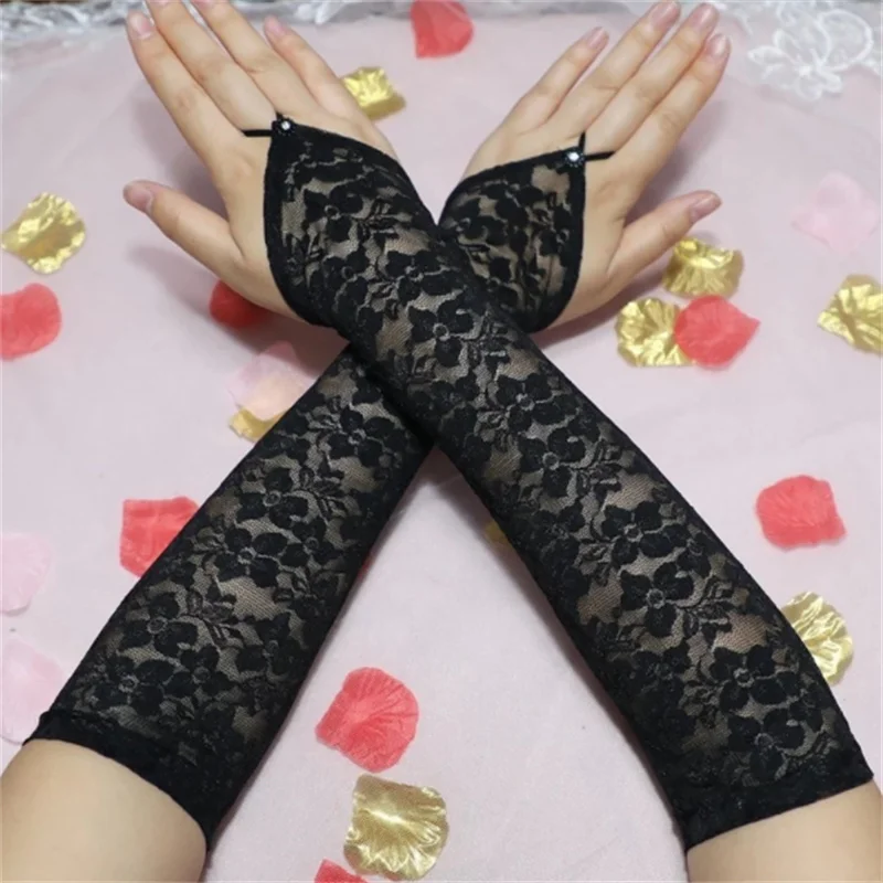 Guantes largos de encaje sin dedos para mujer, malla de rejilla Sexy, accesorios de vestido, guantes de encaje para fiesta, 1 par