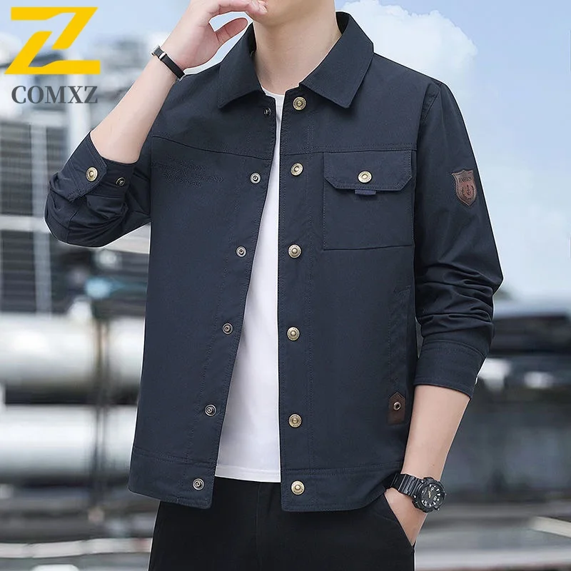 

Мужская куртка, весенне-осенняя новая, приятная для кожи, дышащая, с несколькими карманами, рабочая одежда, куртка с воротником, уличная повседневная свободная мужская куртка на пуговицах