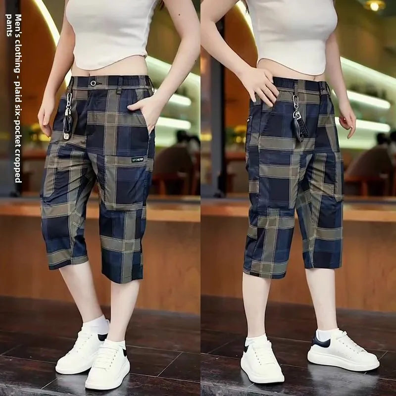 

Summer Thin Seven-Foot Men's Casual Plaid orts Faionable Brand Breathable Cotton Youthful Sle ket Detail Straight Leg
