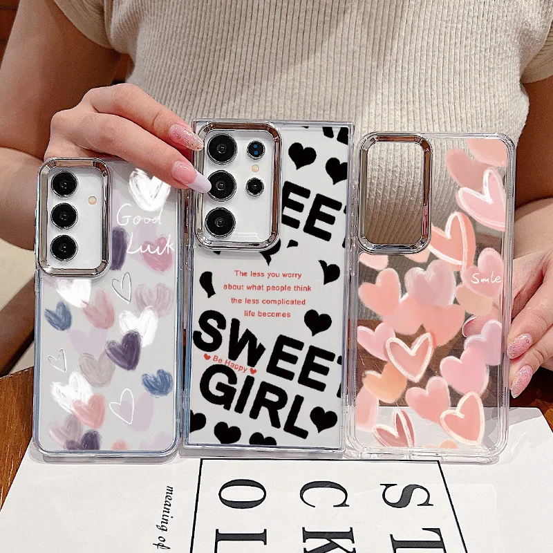 Chapeamento de lente quadro amor coração caso para samsung galaxy a55 a54 a35 a25 a15 5g a33 a14 a34 a52 a53 s20 s21 fe s22 s23 s24 ultra