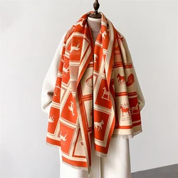 Luxury Brand Orange Plaid Horse Women Winter Cashmere Scarf Thick Warm Shawl Wraps Pashmina Print Soft Lady Neckerchief